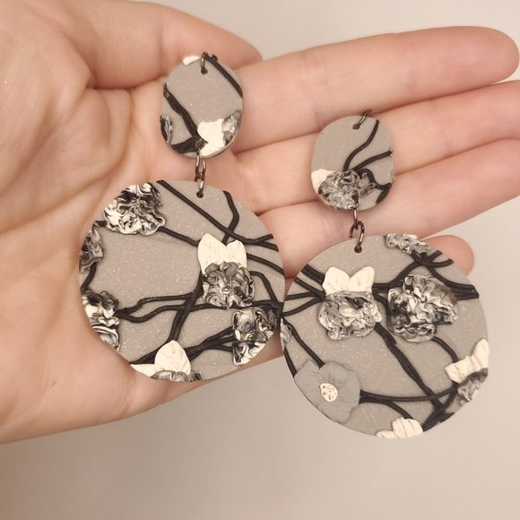 Handmade Womens Gray Black Rainy Day Flower Stack Circular Clay Dangle Earrings - Picture 6 of 10